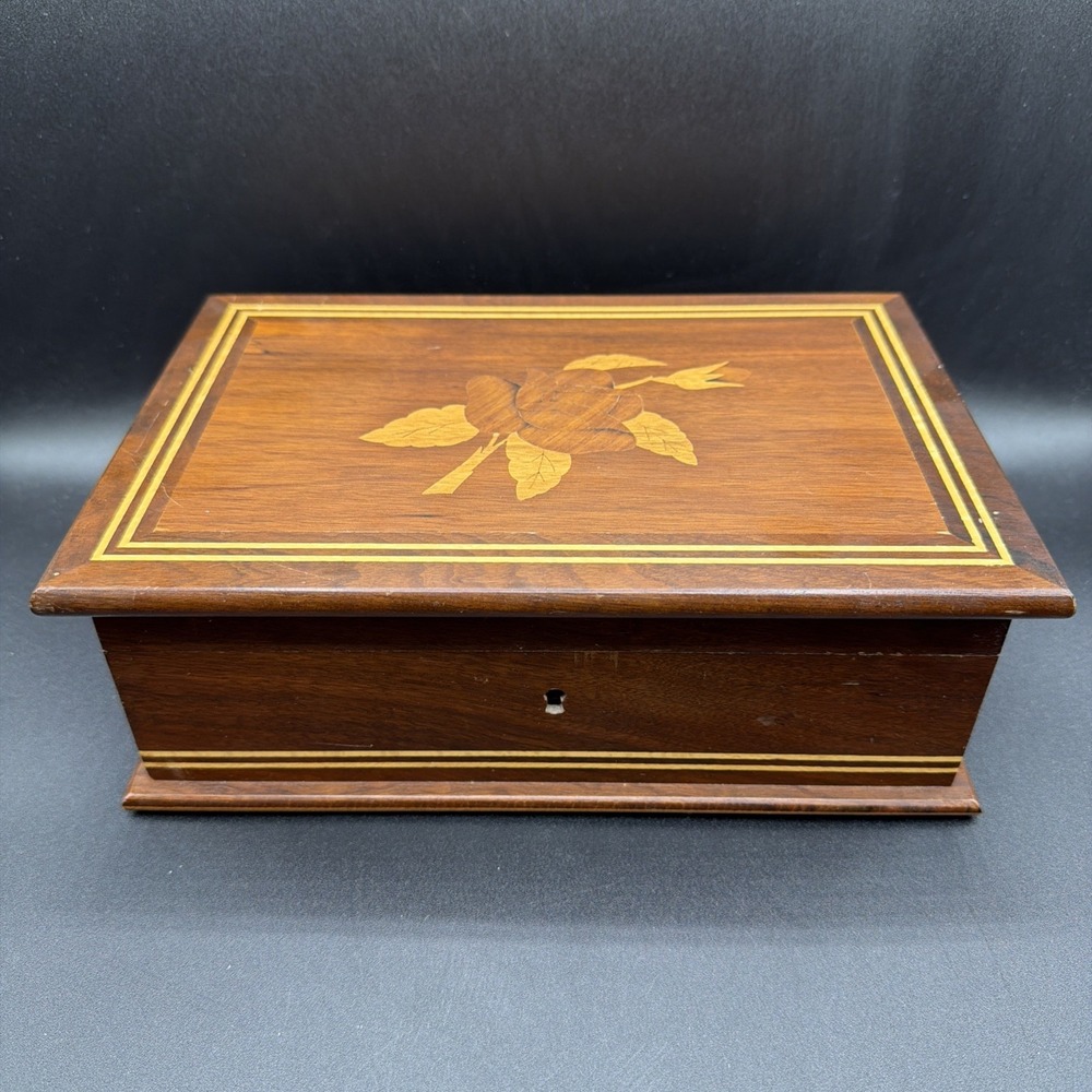 Vtg Wood Jewelry Box 3 Tone Rose Floral Inlay Brazil Yellow Lining 9.5x6.25